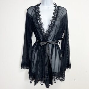 Oh La La Cheri Eyelash Robe G String Set Womens L/XL Black Sheer NWT NEW